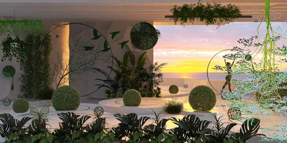 modern indoor garden design showcasing green plants and decorative spheres in a serene setting, utilizing Homestyler's real-time 3D rendering feature for a realistic preview.