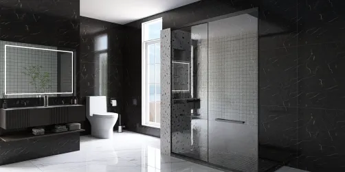modern bathroom design featuring sleek black marble finishes, showcasing a luxurious shower and vanity area, utilizing Homestyler's real-time 3D rendering for accurate visualization.