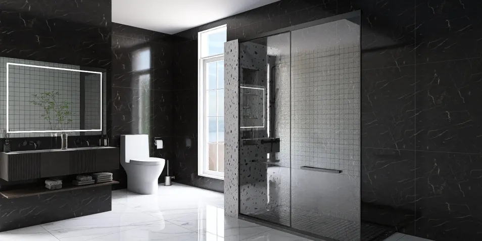 modern bathroom design featuring sleek black marble finishes, showcasing a luxurious shower and vanity area, utilizing Homestyler's real-time 3D rendering for accurate visualization.