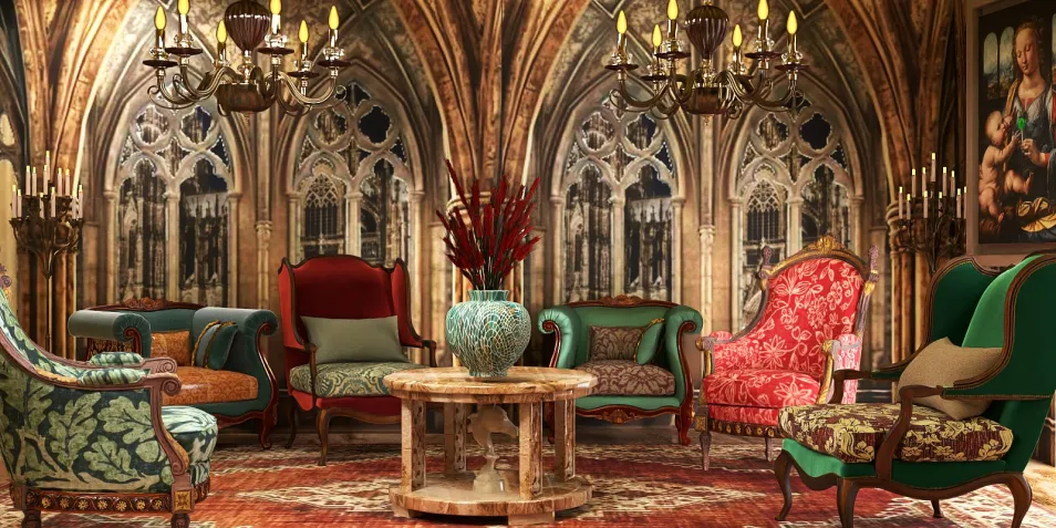 luxurious armchairs arranged around a wooden coffee table in a gothic-style interior, showcasing rich colors and intricate patterns, highlighting Homestyler's real-time 3D rendering feature for a detailed design preview.