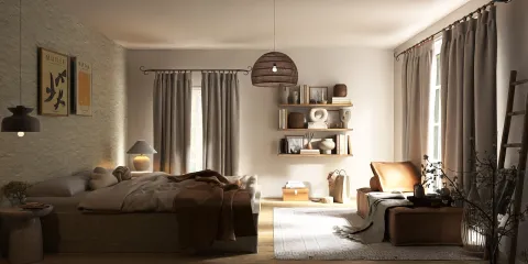 cozy bedroom design featuring a layered bedding arrangement, rustic decor elements, and warm lighting, highlighting interior decor aesthetics with Homestyler's real-time 3D rendering functionality.