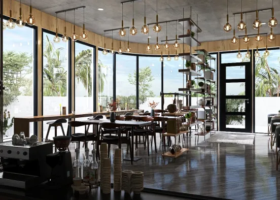 industrial wooden theme cafe Design Rendering
