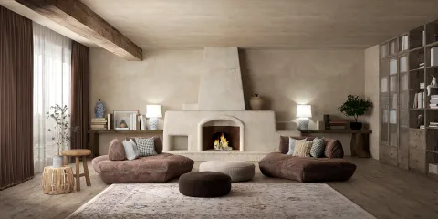 cozy living room design featuring a modern fireplace and comfortable seating arrangement in a warm, earthy style, optimized for interior decor with Homestyler's real-time 3D rendering.