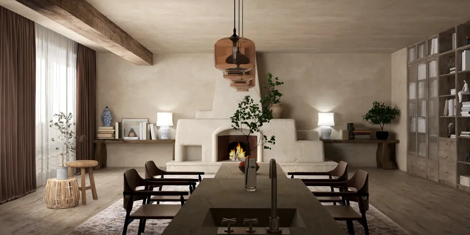 modern kitchen design featuring a large dining table and minimalist decor with natural materials, showcasing Homestyler's real-time 3D rendering for effective renovation previews.