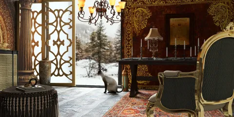 luxurious living room design showcasing elegant furniture arrangement with vintage style, featuring a cozy atmosphere and a scenic outdoor view, utilizing Homestyler's real-time 3D rendering for design proposal presentation.