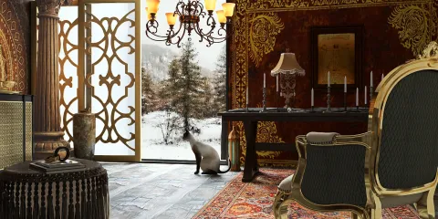 opulent interior design featuring a vintage chandelier and ornate furniture, showcasing a luxurious living room with a view of a snowy landscape, utilizing Homestyler's real-time 3D rendering for instant decor visualization.