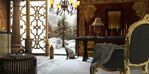 luxurious living room featuring vintage furniture and ornate decor enhancing the aesthetic value with a snowy view outside, utilizing Homestyler's AR virtual furniture placement for accurate design.