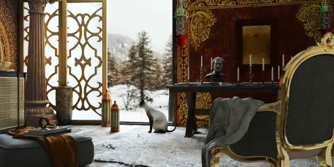 luxurious room with an ornate design featuring a cat and a large window showcasing a snowy landscape, utilizing Homestyler's real-time 3D rendering for an immersive interior experience.