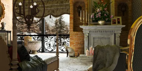 luxurious sitting area with elegant furnishings featuring a classic fireplace and decorative plants in a vintage style, showcasing interior decor for a cozy winter ambiance using Homestyler's real-time 3D rendering feature.