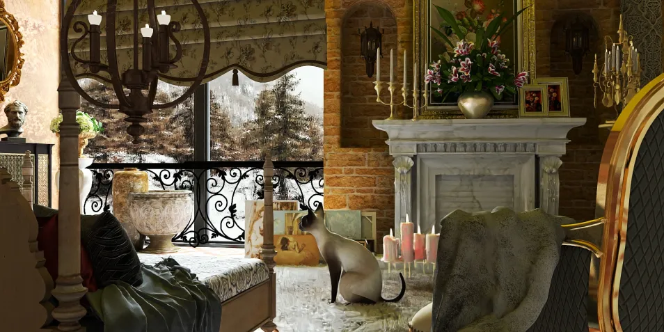 cozy living room with elegant furniture arrangement featuring a marble fireplace and decorative candles in a vintage style, showcasing interior decor planning with Homestyler's real-time 3D rendering feature.