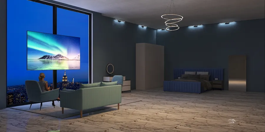 a living room with a large screen tv 