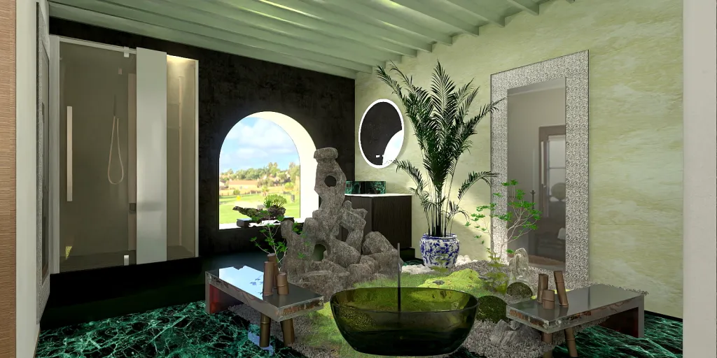 a room with a large window and a plant in the middle 