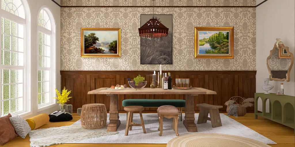 a living room with a table and a painting on the wall 