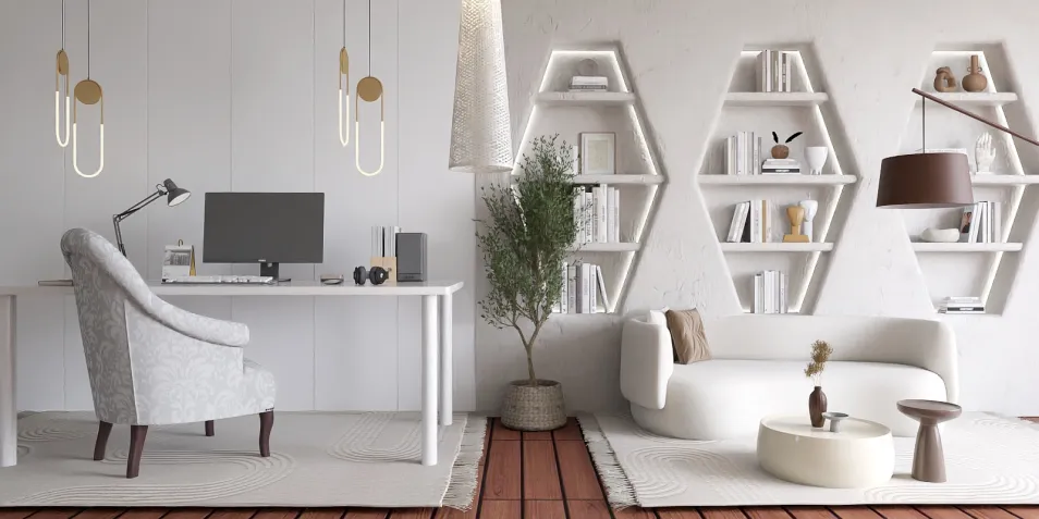 home office setup featuring a stylish desk with a computer and an elegant armchair, showcasing modern minimalist design and spaciousness, utilizing Homestyler's real-time 3D rendering capability.