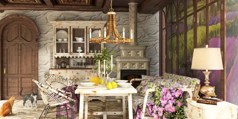 Rustic dining area with floral decor featuring a wooden table set for a meal, cozy seating arrangement, and a vintage chandelier in a warm, inviting style; showcasing interior design using Homestyler's real-time 3D rendering feature.