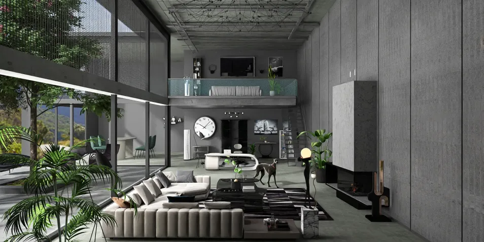 modern living room showcasing open space design with a contemporary style, featuring smart furniture arrangement and optimized layout with Homestyler's real-time 3D rendering.