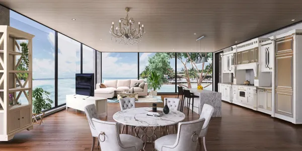 luxurious living room with a round dining table and elegant chairs, showcasing a coastal style interior design, featuring Homestyler's real-time 3D rendering for renovation previews.