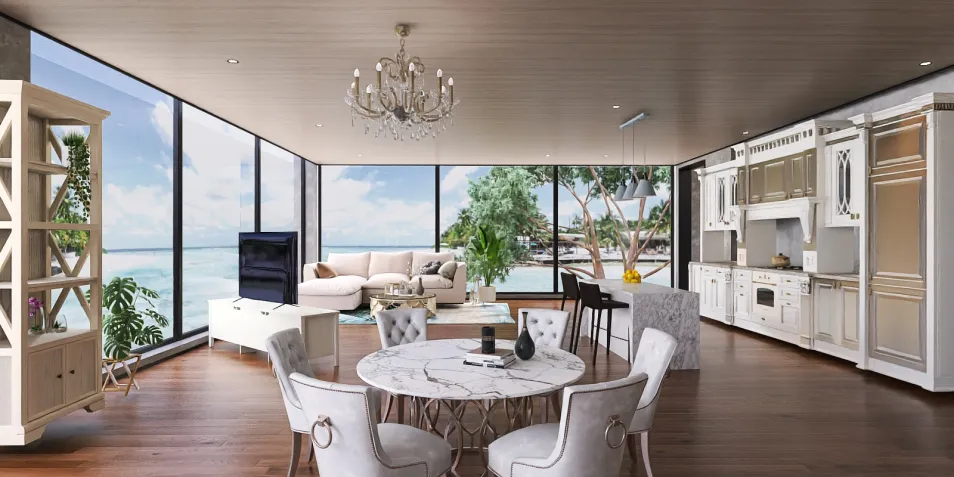 luxurious living room with a round dining table and elegant chairs, showcasing a coastal style interior design, featuring Homestyler's real-time 3D rendering for renovation previews.