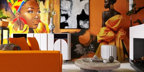 vibrant living room featuring artistic wall murals and bold orange furniture, showcasing modern interior design with an emphasis on cultural aesthetics, utilizing Homestyler's real-time 3D rendering feature.