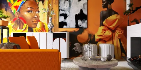 colorful artwork enhances the vibrant living room design with an orange theme, showcasing a modern and artistic space using Homestyler's real-time 3D rendering feature for rapid design visualization.