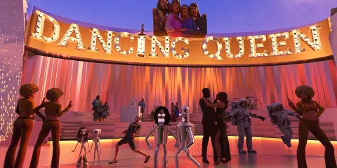 Animated characters dancing in a vibrant party space with a 'Dancing Queen' sign, showcasing a lively social atmosphere and emphasizing creative interior design for entertainment venues using Homestyler's immersive 3D rendering feature.