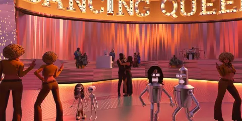 3D animated characters dancing in a vibrant disco-themed space with stylish lighting and decorations, showcasing a lively and fun atmosphere for entertainment purposes using Homestyler's immersive design features.