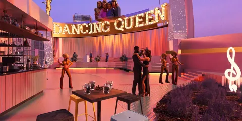 A vibrant bar scene featuring people dancing and socializing, showcasing a modern party atmosphere with a 'Dancing Queen' theme, ideal for interior decor inspiration; highlighting Homestyler's real-time 3D rendering functionality.
