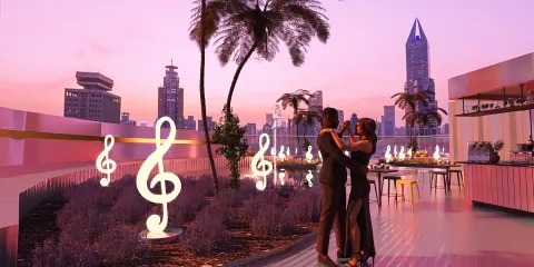 couple dancing on a rooftop with musical note decorations at sunset in a modern urban setting, showcasing contemporary outdoor design and atmosphere, utilizing Homestyler's real-time 3D rendering feature for immersive visualization.
