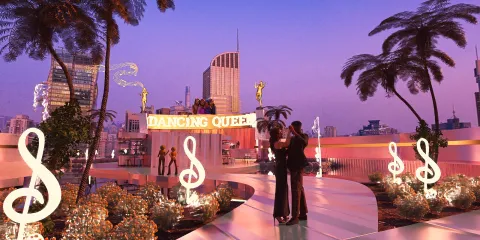 rooftop garden with dancing theme showcasing aesthetic design and vibrant lighting for social engagement, featuring Homestyler's real-time 3D rendering capabilities.