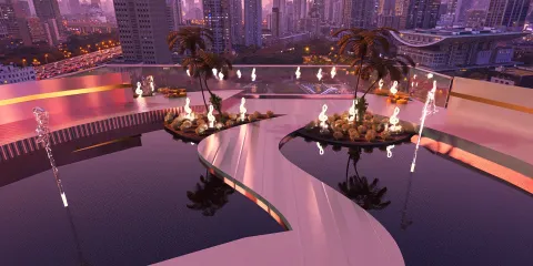 3D rooftop garden design featuring water features and tropical plants, creating a serene escape in an urban environment, utilizing Homestyler's real-time 3D rendering for quick visual previews.