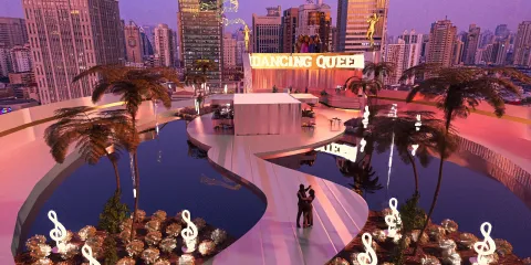 rooftop lounge dancing area featuring a vibrant cityscape design showcasing a festive atmosphere with lights and water elements, ideal for modern urban gatherings, utilizing Homestyler's real-time 3D rendering feature to visualize the space.