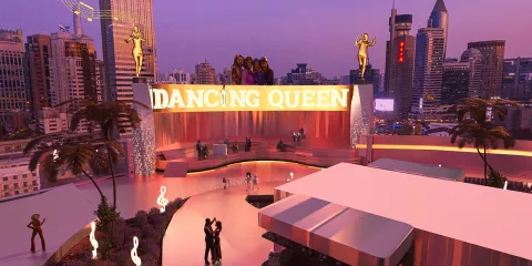 rooftop terrace design showcasing a vibrant nightlife atmosphere with a DJ stage and decorative elements, featuring a modern aesthetic in urban space planning using Homestyler's real-time 3D rendering tool.