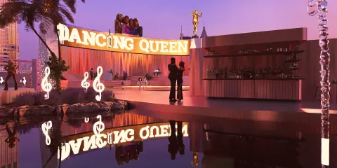 a vibrant outdoor bar area featuring a dancing theme with a prominent 'DANCING QUEEN' sign, creating a lively atmosphere ideal for entertainment, showcasing interior decor principles; utilizing Homestyler's real-time 3D rendering for effective design proposal visualization.