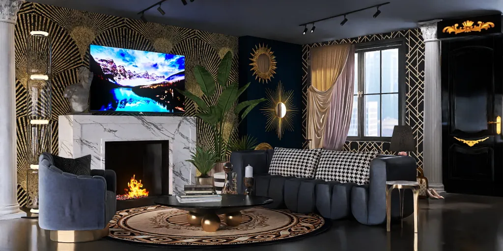 a living room with a fireplace and a tv 