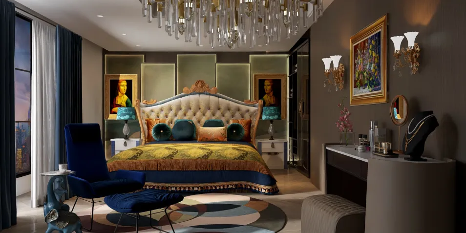 luxurious bedroom design featuring an elegant bed and stylish decor styled with a contemporary touch, showcasing Homestyler's real-time 3D rendering feature for design proposal visualization.