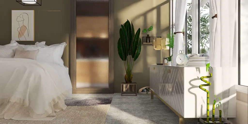 a bedroom with a bed, a window and a plant 