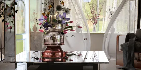 luxurious table centerpiece with colorful flowers arranging in a bright living room design style showcasing interior decor concepts using Homestyler's real-time 3D rendering feature