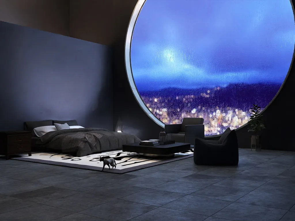 a room with a large mirror and a large window 