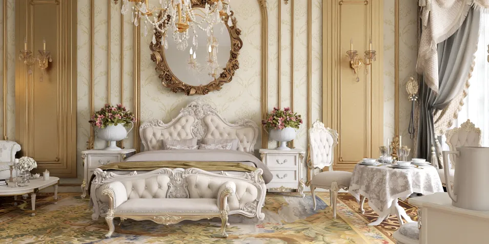 luxurious bedroom design showcasing elegant furniture arrangement in a classical style with ornate detailing, highlighting the interior decor concept of opulent living using Homestyler's real-time 3D rendering feature.