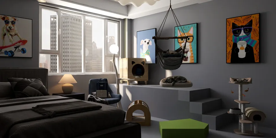 cozy bedroom with pet-friendly design featuring vibrant artworks and modern furniture arrangement in a minimalist style, showcasing Homestyler's real-time 3D rendering for efficient interior decor visualization