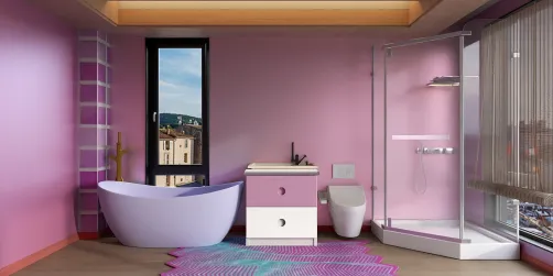 Pink bathroom with a pink furniture 