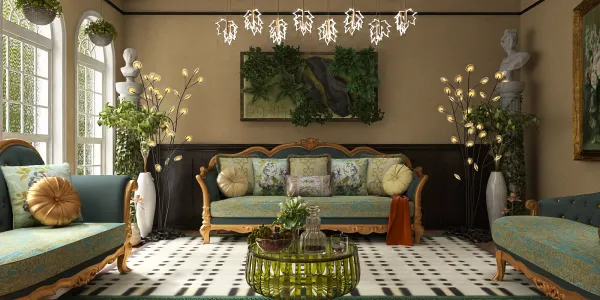 elegant living room with decorative plants and unique lighting design featuring vintage furniture style, showcasing interior decor ideas with Homestyler's real-time 3D rendering functionality