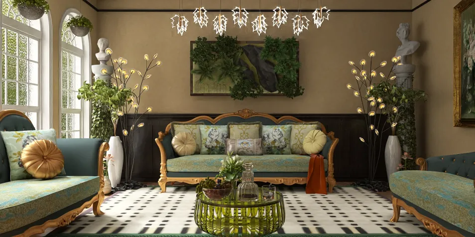 elegant living room with decorative plants and unique lighting design featuring vintage furniture style, showcasing interior decor ideas with Homestyler's real-time 3D rendering functionality