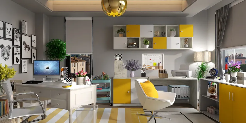 modern home office design featuring a bright yellow color scheme, utilizing smart furniture arrangement to optimize a small space, showcasing Homestyler's real-time 3D rendering capabilities.