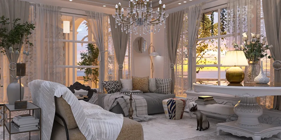 elegant living room with a cozy sofa arrangement showcasing a modern style and maximizing space efficiency using Homestyler's real-time 3D rendering feature