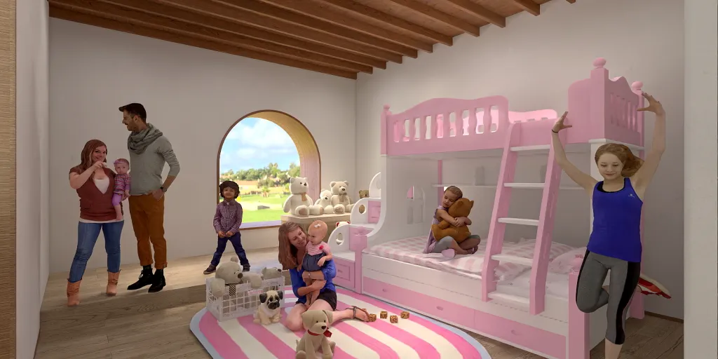 a child is standing in front of a pink and white room 