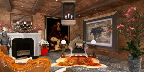 cozy living room with elegant furniture arrangement featuring a classic armchair and vibrant art pieces in a rustic style, showcasing Homestyler's real-time 3D rendering for interior decor visualization.