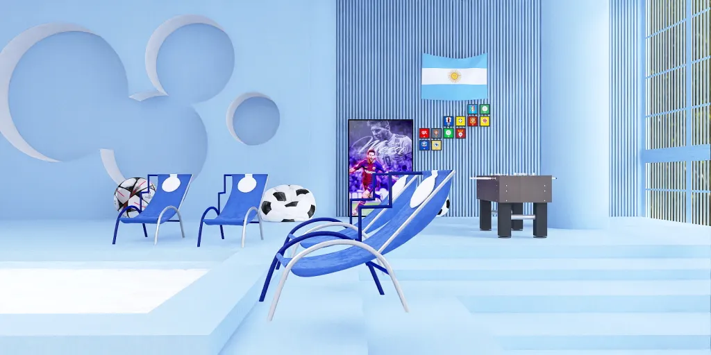 a room with a blue chair and a blue chair 