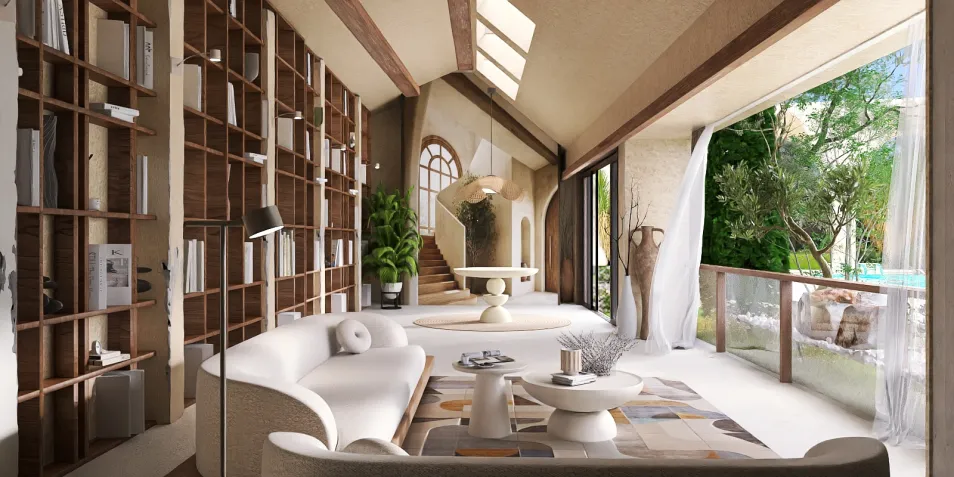 Modern living room featuring a stylish sofa and coffee table, complemented by natural light streaming through large windows, showcasing a welcoming and functional interior space; enhanced by Homestyler's real-time 3D rendering feature for effective design proposals.