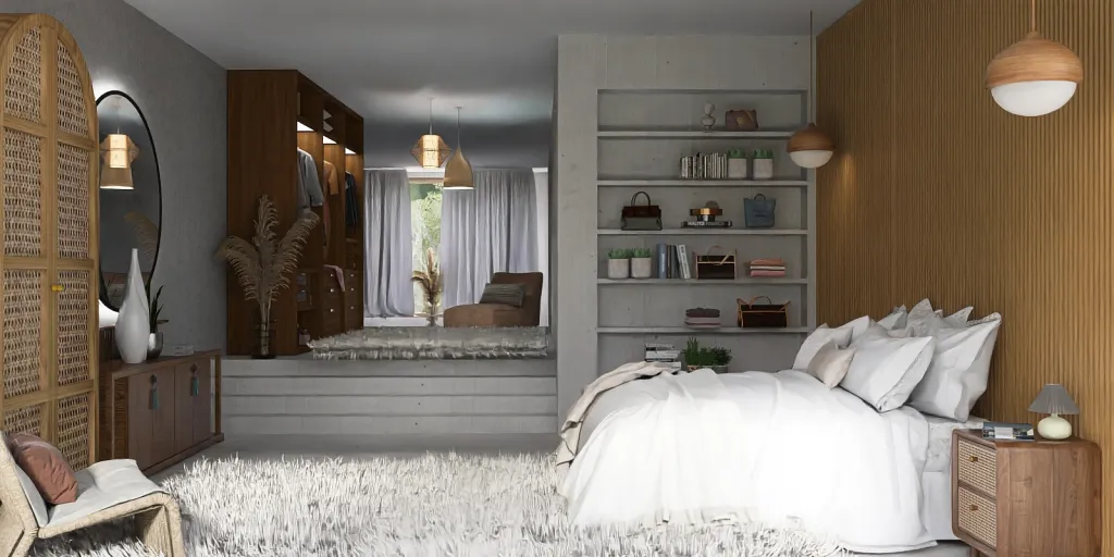 a bedroom with a bed, chair, and a mirror 